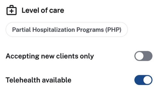 Marketplace filters for level of care, accepting new clients and telehealth.
