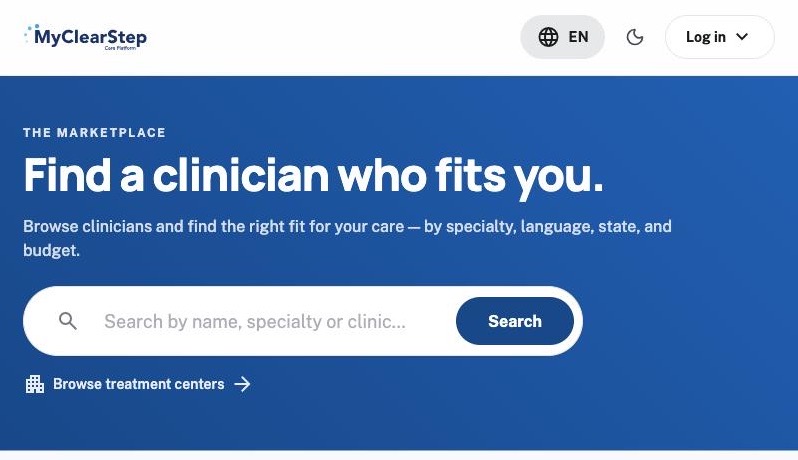 The MyClearStep Care Platform marketplace, with a search bar under the heading Find a clinician who fits you.