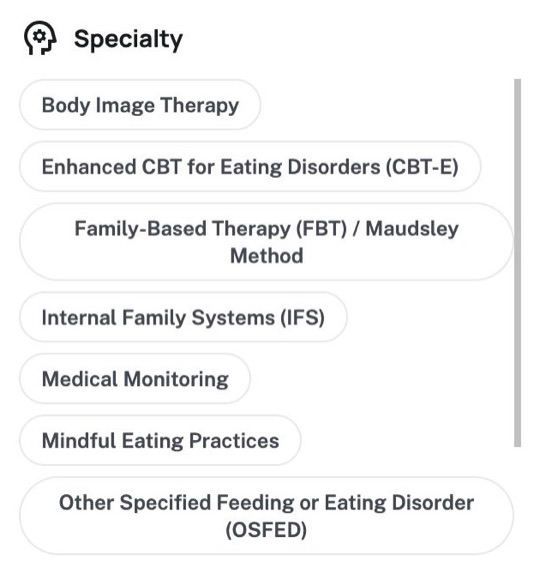 Marketplace specialty filter listing Body Image Therapy, Enhanced CBT for Eating Disorders, Family-Based Therapy and more.